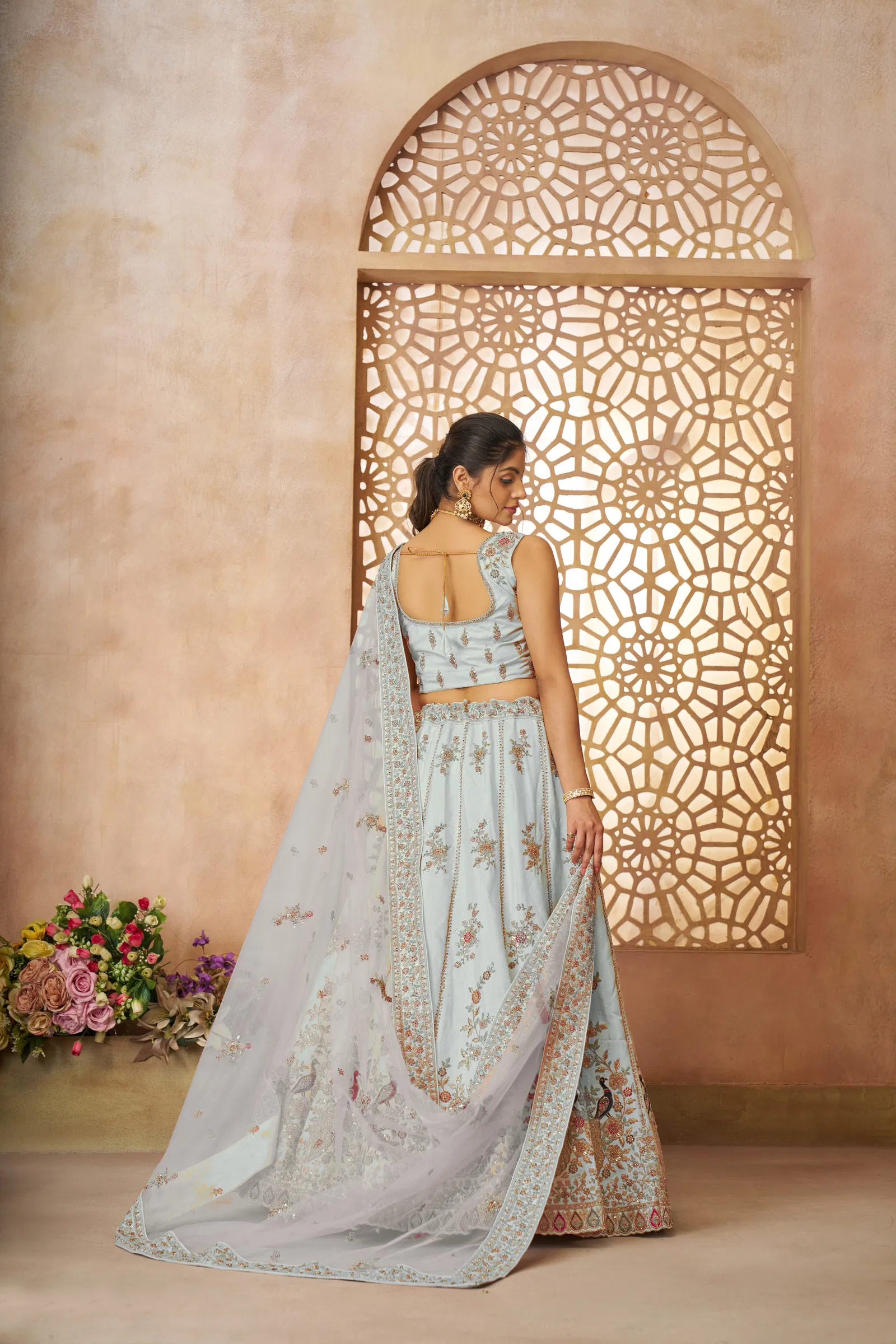Kf 35 Sky Blue Zari Silk Embroidery Work Lehenga Choli & Dupatta Wholesalers In Delhi